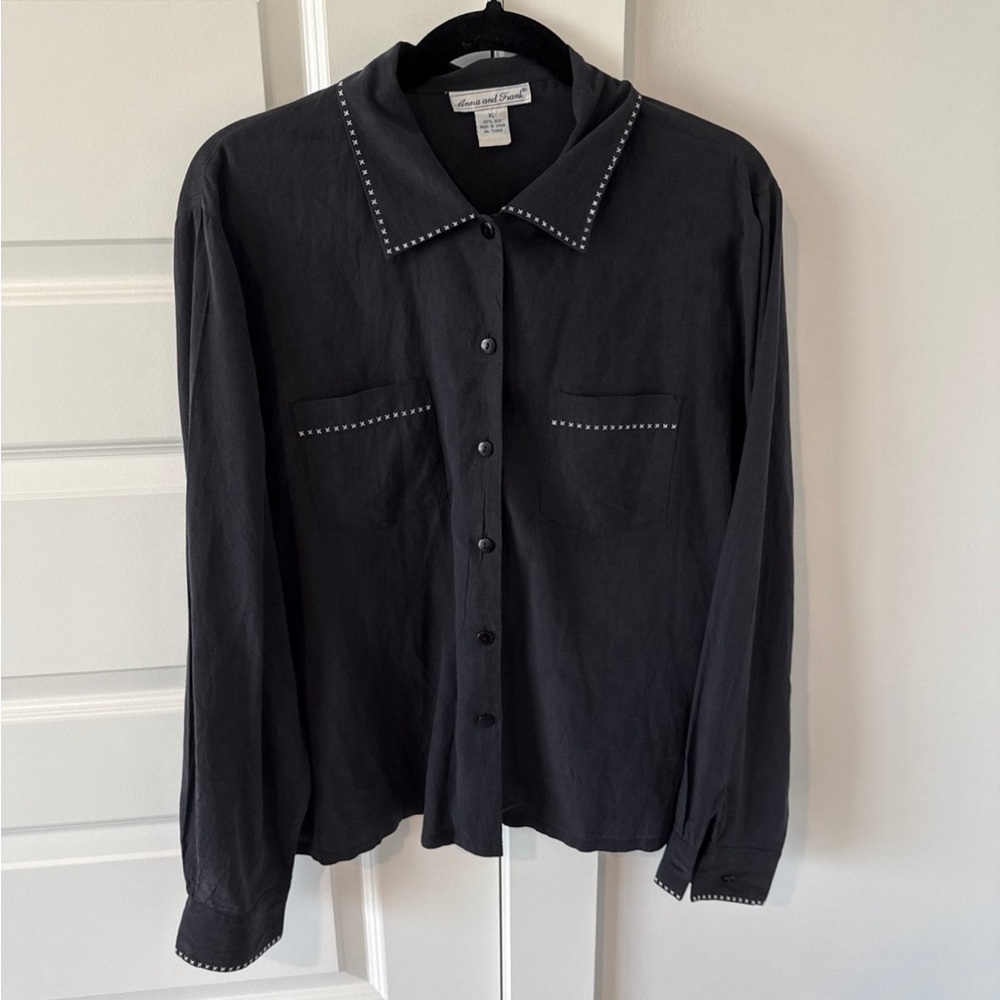 100% Silk Black Button Down Top